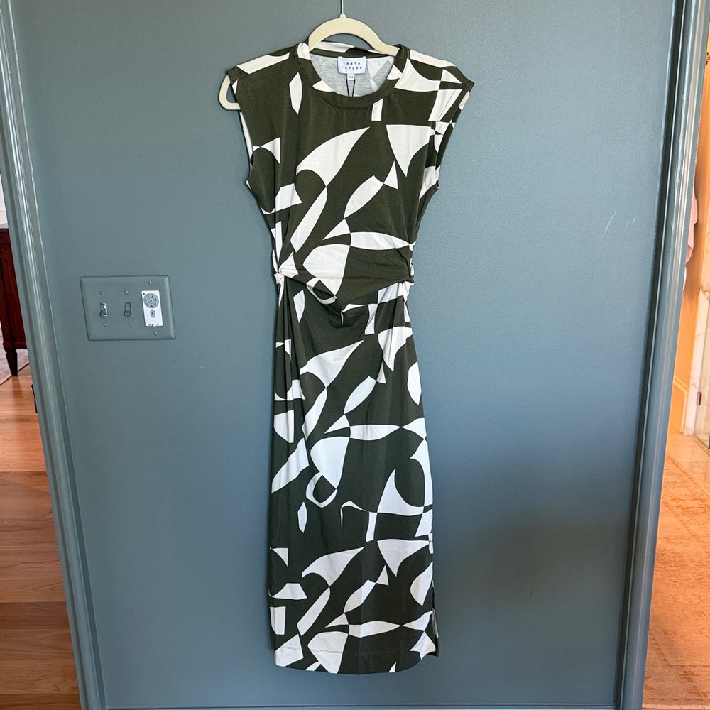 Tanya Taylor Olive and White Abstract Midi Dress